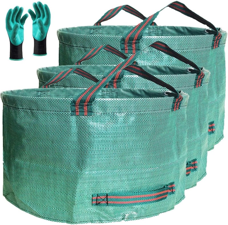 Tespher Professional 3-Pack 63 Gallon Lawn Garden Bags Large (D31,H19 inch) Yard Waste Bags W/Gardening Gloves,Standable,Reusable Leaf Bag,Lawn Debris Bin,Garden Trash Container,Plant Trimmings Bag 4 Handles - Image 1
